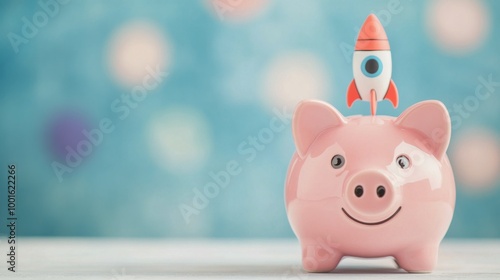 A cheerful piggy bank with a rocket on top against a colorful, blurred backgr...