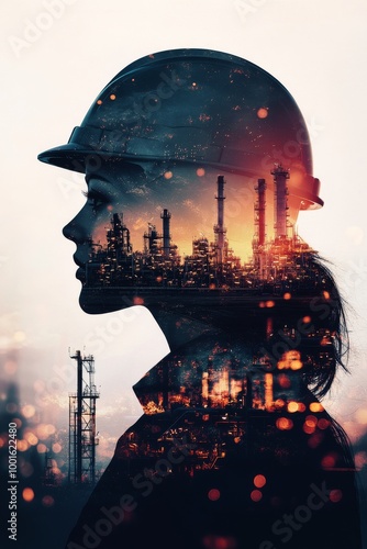 A silhouette of a woman in a hard hat with an industrial skyline illuminated at dusk photo