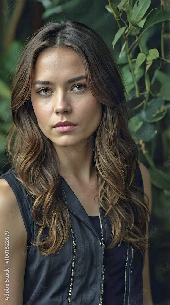 Portrait Of A Young Woman With Long Brown Hair Wearing A Black Zippered Vest Against A Lush Green Foliage Background Portrait Of A Young Woman With Long Brown Hair Wearing A Black Zippered Vest Against A Lush Green Foliage Background