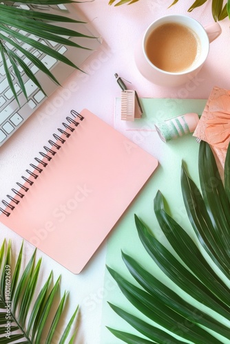 A bright workspace featuring a pink notepad, cup of coffee, and keyboard surr...