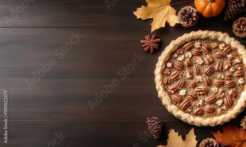Delicious pecan pie surrounded by autumn leaves and seasonal decorations on a...