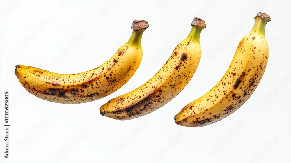 Three ripe bananas with yellow peel and brown spots arranged in a horizontal layout against a white background
Three ripe bananas with yellow peel and brown spots arranged in a horizontal layout against a white background