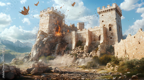 Destruction of the walls of jericho. crumbling medieval castle fort walls. tactical brilliance behind the toppling of jericho's formidable ramparts. Medieval Castle Siege. Illustration