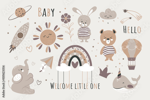 A set of elements for a newborn with funny animals, inscriptions and space elements. Vector design.