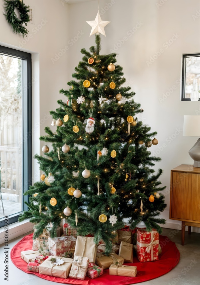 A festive Christmas tree adorned with a variety of colorful ornaments, including baubles, animal figurines, and dried orange slices. A festive Christmas tree adorned with a variety of colorful ornaments, including baubles, animal figurines, and dried orange slices.