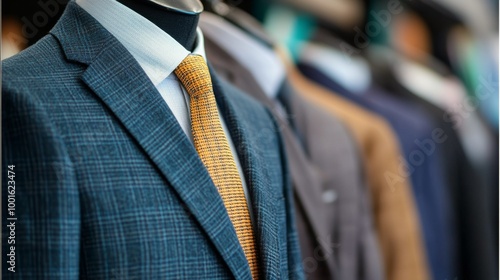 Tailored suits displayed elegantly in a clothing store showcasing various sty...