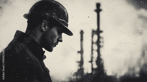 Construction worker observing oil refinery at sunset with industrial silhouet...