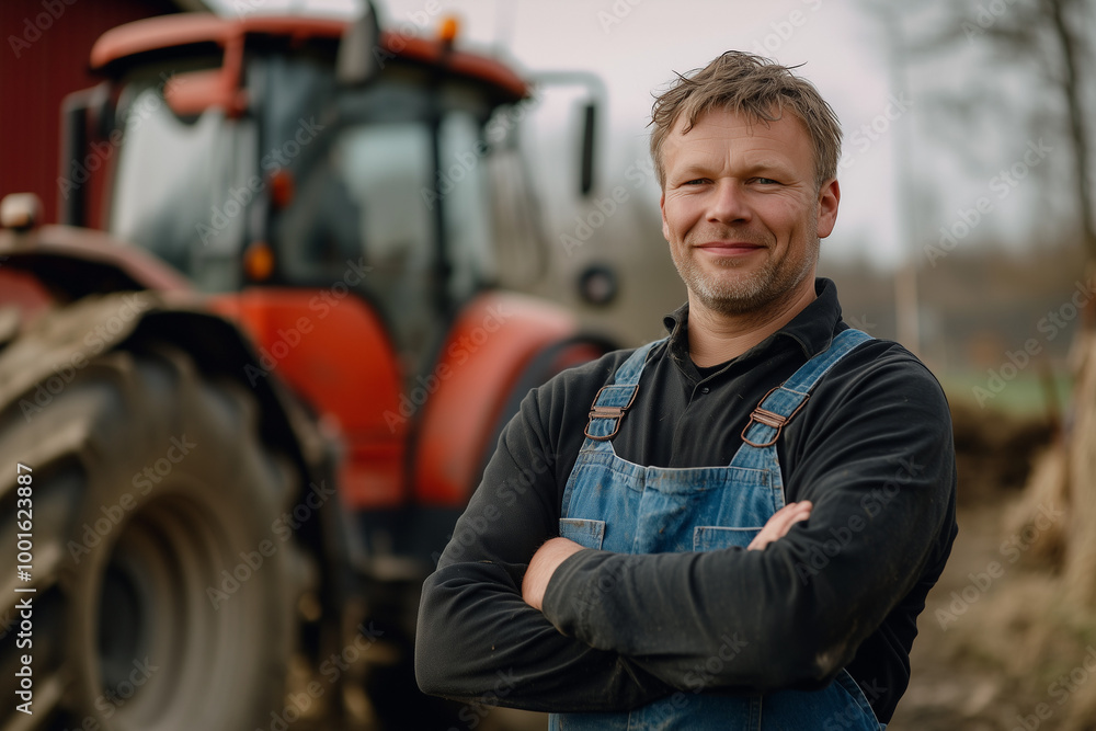 Portrait of a smiling farmer standing with crossed arms near a tractor on a farm Portrait of a smiling farmer standing with crossed arms near a tractor on a farm