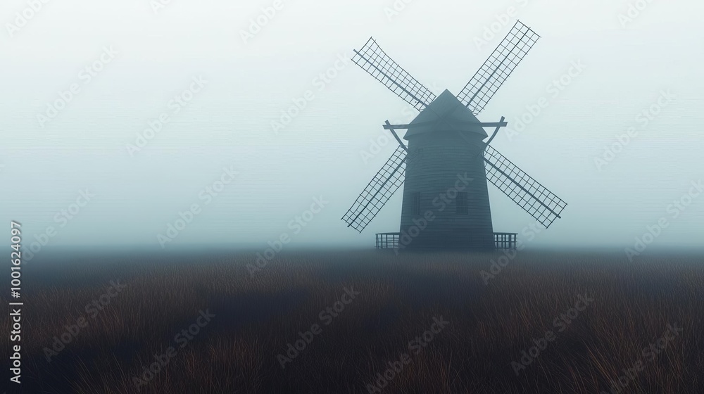 Obraz premium Abandoned windmill in drifting fog, eerie atmosphere, 3D illustration