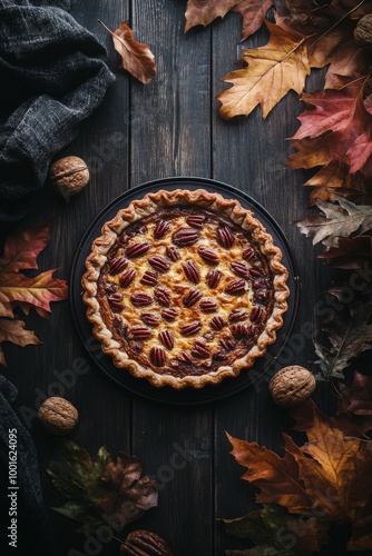 Delicious pecan pie surrounded by autumn leaves and nuts on a rustic wooden t...