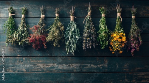 Hanging bunches of medicinal herbs background composition