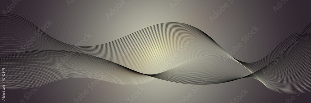 Naklejka premium Abstract wave background with a smooth gradient. Flowing lines in gray, beige, and subtle gold tones create a sleek, modern design. Perfect for technology, business, or creative project backgrounds.