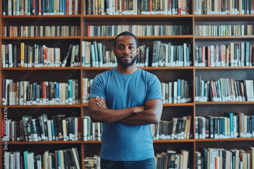 A man stands in front of a bookcase with a blue shirt on, generative ai image A man stands in front of a bookcase with a blue shirt on, generative ai image