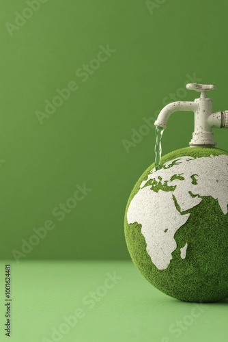 A green planet being nourished by a faucet pouring water on a grassy globe wi...