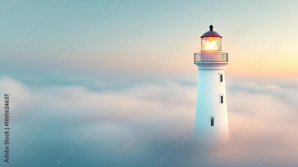 Cliffside lighthouse surrounded by drifting fog, beacon light, 3D illustration Cliffside lighthouse surrounded by drifting fog, beacon light, 3D illustration