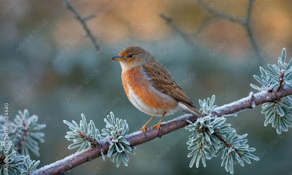 A small brown bird perches on a frosted branch in the early morning A small brown bird perches on a frosted branch in the early morning