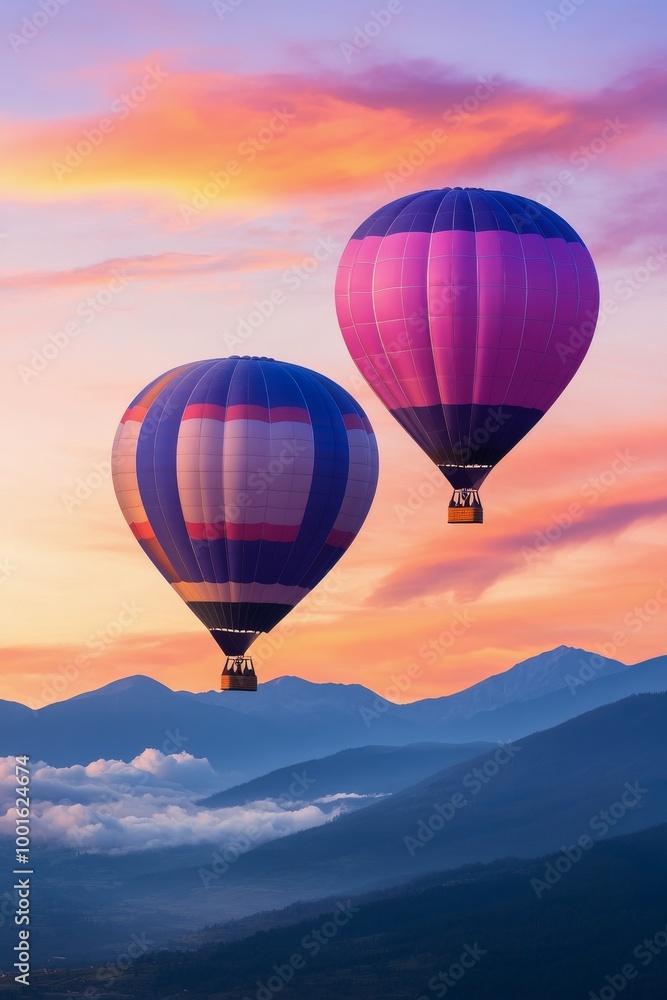 Fototapeta premium Colorful hot air balloons soaring above misty mountains at sunrise