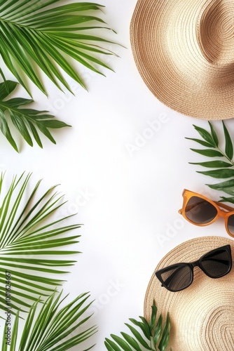 Summer vacation essentials arranged with tropical leaves, sunglasses, and a s...