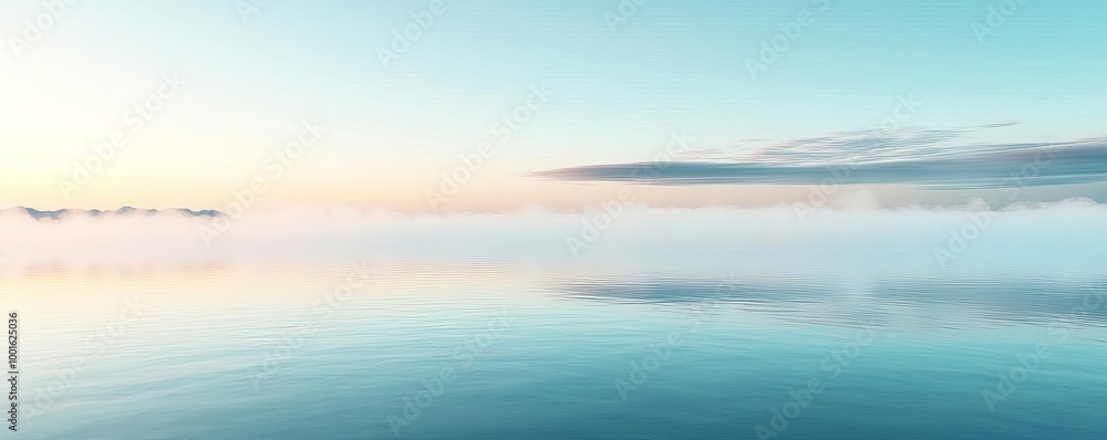 Dense fog drifting over a tranquil lake, reflections in water, 3D illustration Dense fog drifting over a tranquil lake, reflections in water, 3D illustration