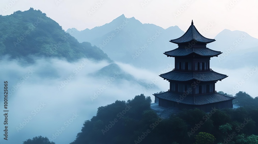 Dense fog enveloping mountain temple, mystic vibes, 3D illustration Dense fog enveloping mountain temple, mystic vibes, 3D illustration