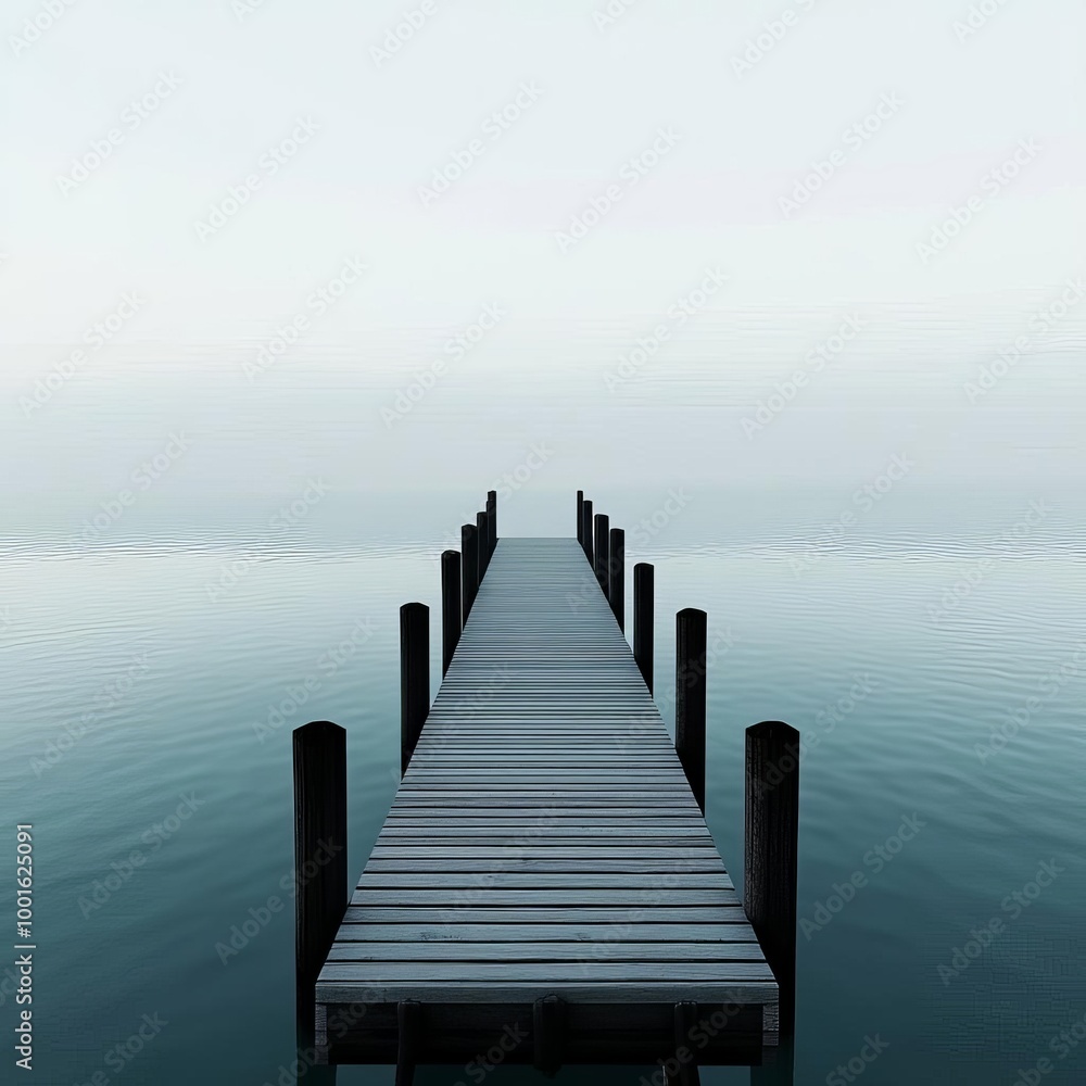 Fototapeta premium Dense fog enveloping old wooden pier, tranquil waters, 3D illustration