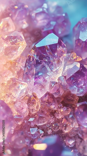 A crystal-filled background with pastel pink and purple colors, creating a... photo