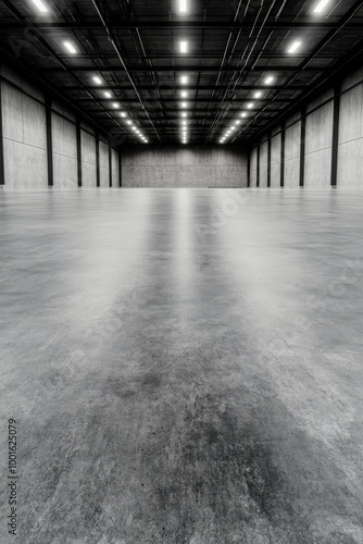 Spacious industrial hall with polished concrete flooring and ambient lighting...