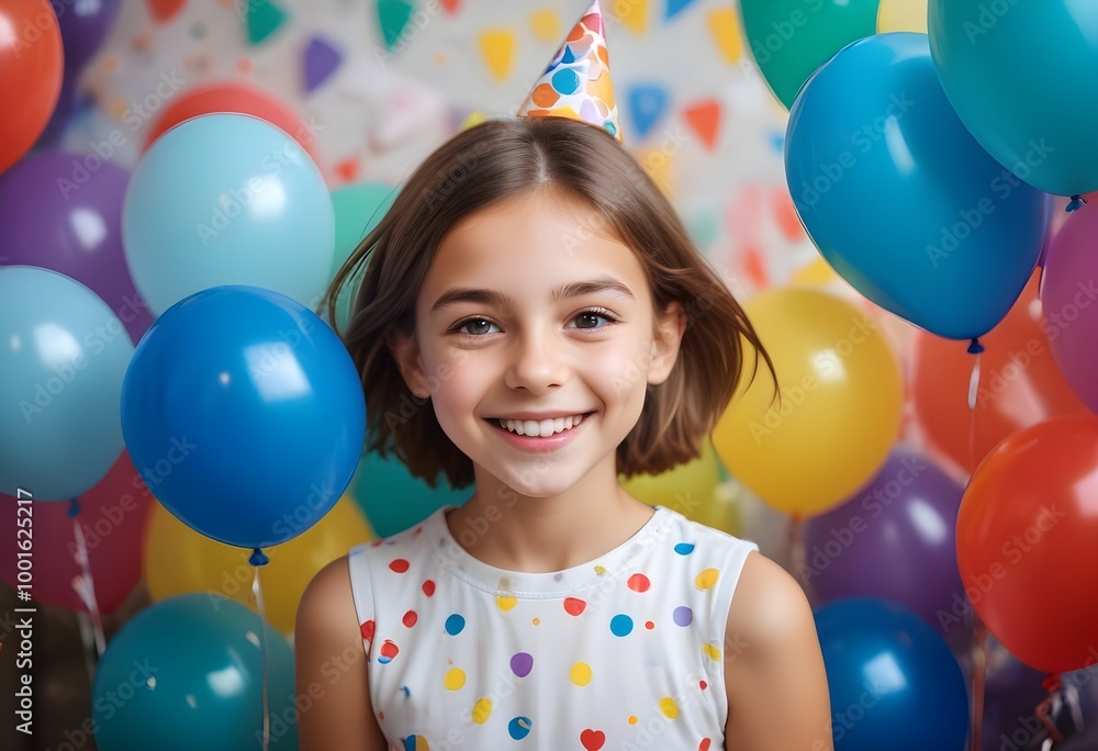 Obraz premium A young, straight-haired girl with a bright, joyful expression on his face, surrounded by colorful balloons in a festive setting