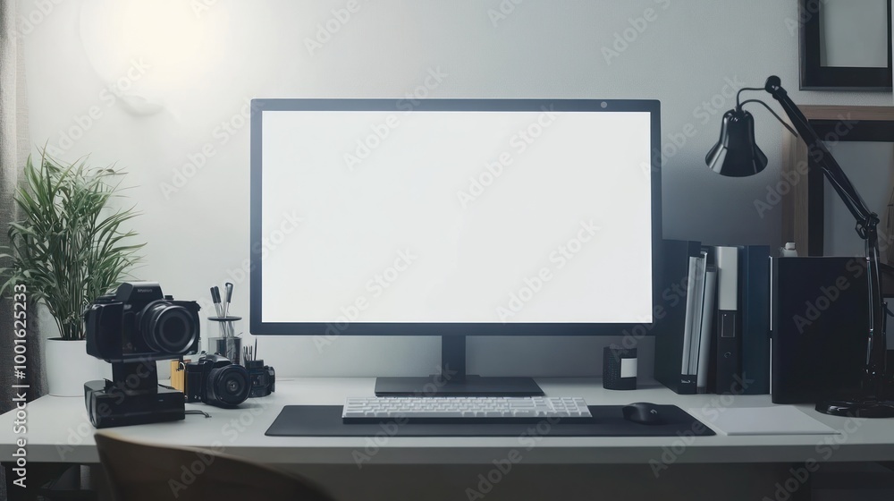 Fototapeta premium Minimalist Workspace with Computer and Camera