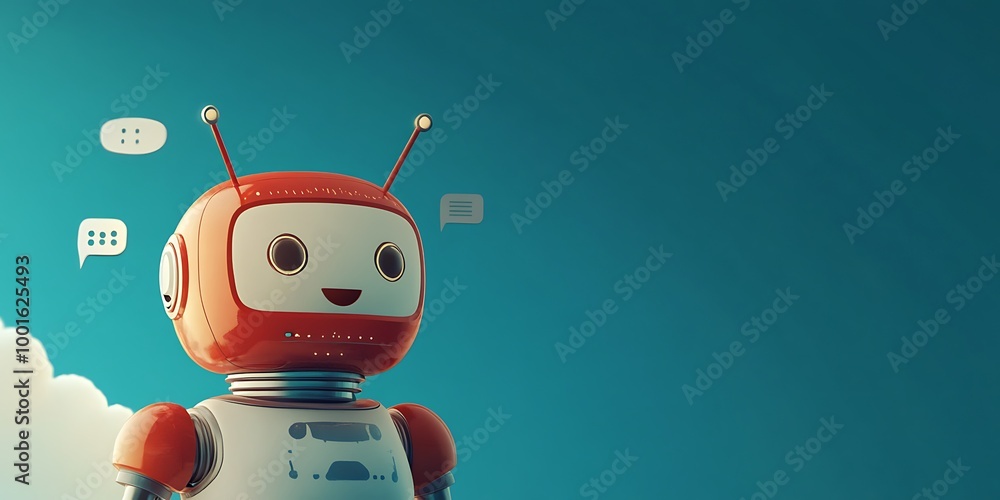 Naklejka premium Cute Cartoon Robot with Chat Bubbles, Artificial Intelligence Concept