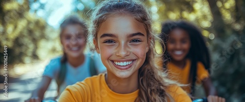 Happy Girl Smiling with Friends on a Sunny Day