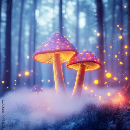 Drifting fog around enchanted forest, glowing mushrooms, 3D illustration