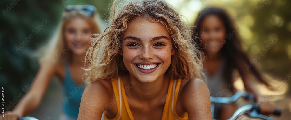 Fototapeta premium Happy young woman smiling with friends on a bike ride