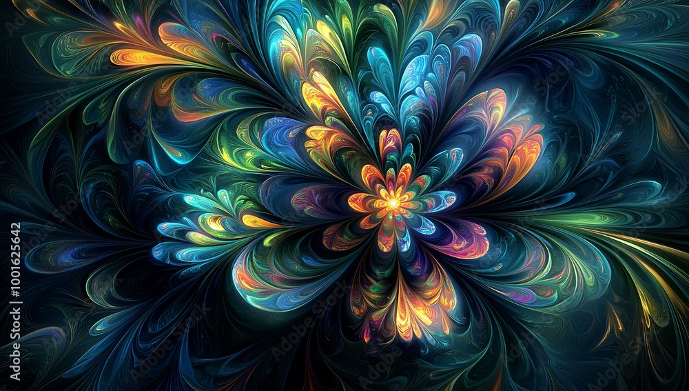 A vibrant digital painting of an abstract flower, swirling with iridescent... A vibrant digital painting of an abstract flower, swirling with iridescent...