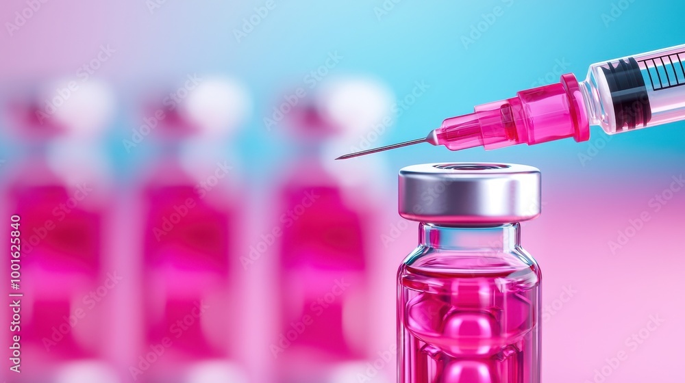 Close-up of a syringe preparing to inject pink vaccine from a vial, symbolizing health and medical innovation. Close-up of a syringe preparing to inject pink vaccine from a vial, symbolizing health and medical innovation.