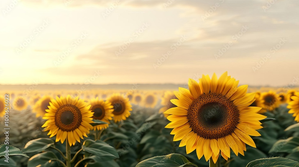 Obraz premium Drifting fog over a sunflower field, golden light, 3D illustration