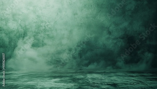 Abstract green background with a blurred texture of the wall, smoke, and fog...