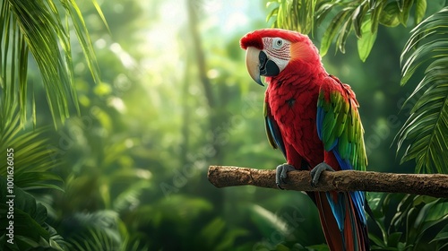 Colorful parrot perched on a branch in a lush green jungle environment. photo