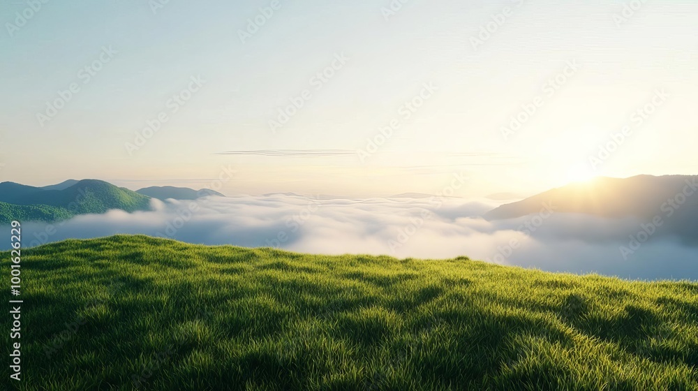 Drifting fog over grassy hillside, sunlight breaking through, 3D illustration Drifting fog over grassy hillside, sunlight breaking through, 3D illustration