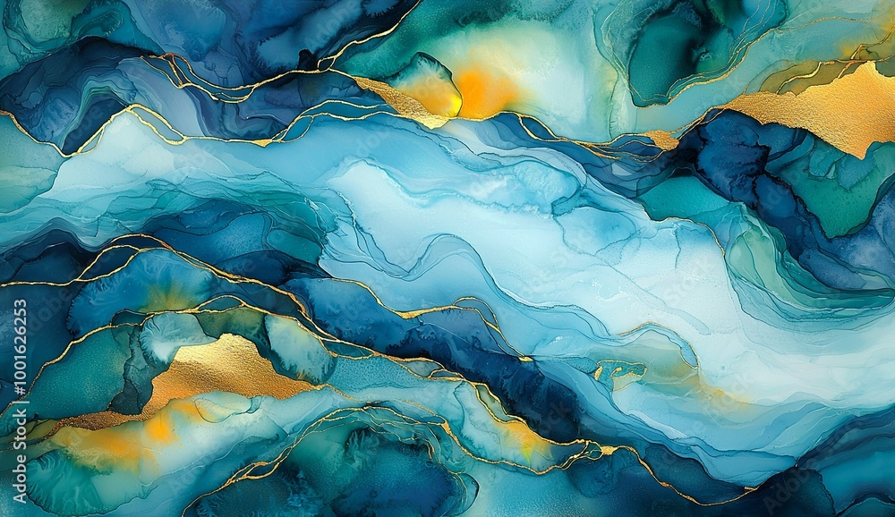 Alcohol ink with thin gold pen outlines, an abstract fantasy landscape with... Alcohol ink with thin gold pen outlines, an abstract fantasy landscape with...