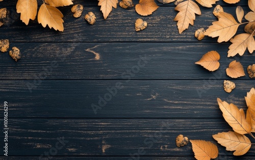 Autumn leaves scattered on a dark wooden surface in natural light during fall