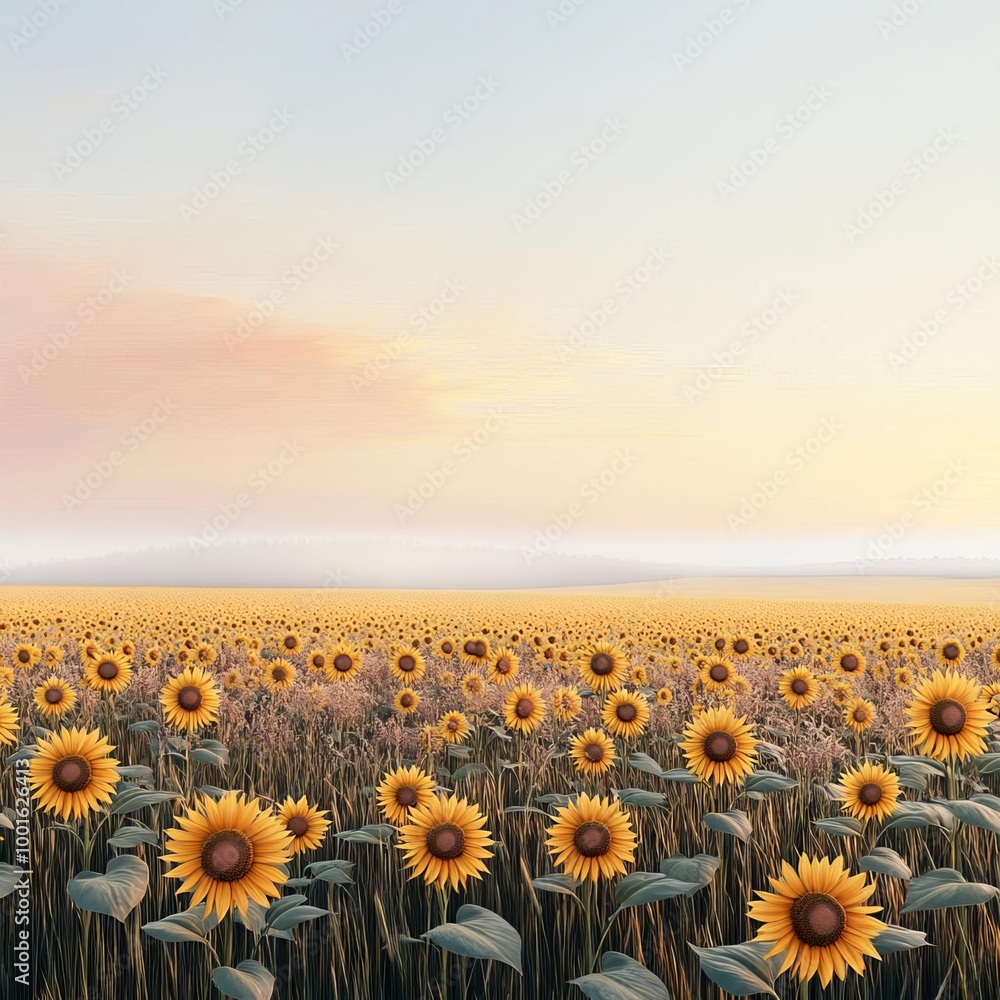 Obraz premium Drifting fog over sunflower field, early morning light, 3D illustration