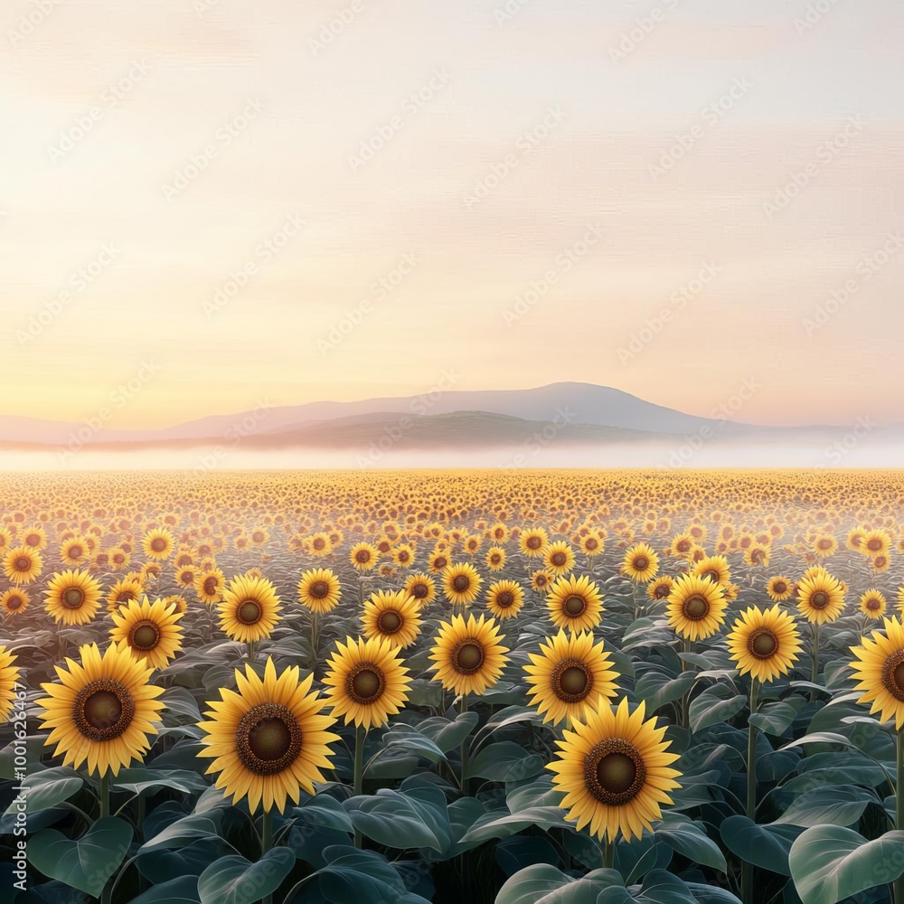 Obraz premium Drifting fog over sunflower field, early morning light, 3D illustration