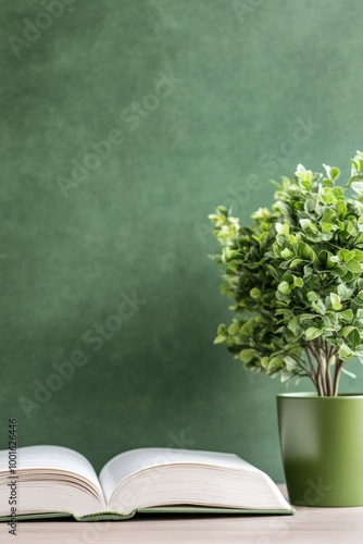 A small green plant grows from an open book on a wooden surface in a serene o...