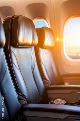 Comfortable airplane seats with a scenic window view during a journey in brig...
