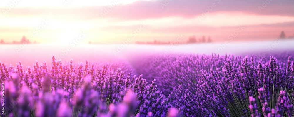 Obraz premium Drifting fog through a lavender field, sunrise hues, 3D illustration