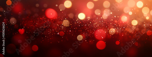 background of abstract red, gold and black glitter lights. defocused. banner 