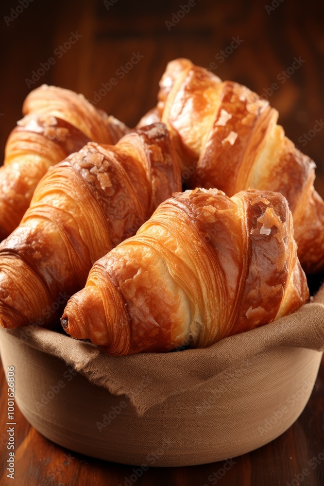 A cozy bakery scene featuring a basket of freshly baked rolls and croissants on the table A cozy bakery scene featuring a basket of freshly baked rolls and croissants on the table