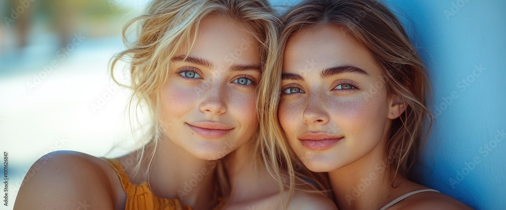 Fototapeta premium Portrait of Two Beautiful Blonde Women Smiling Together