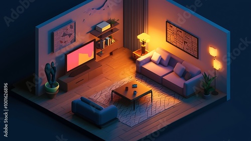 Low poly isometric illustration of a cozy living room with sofa, coffee table, and TV